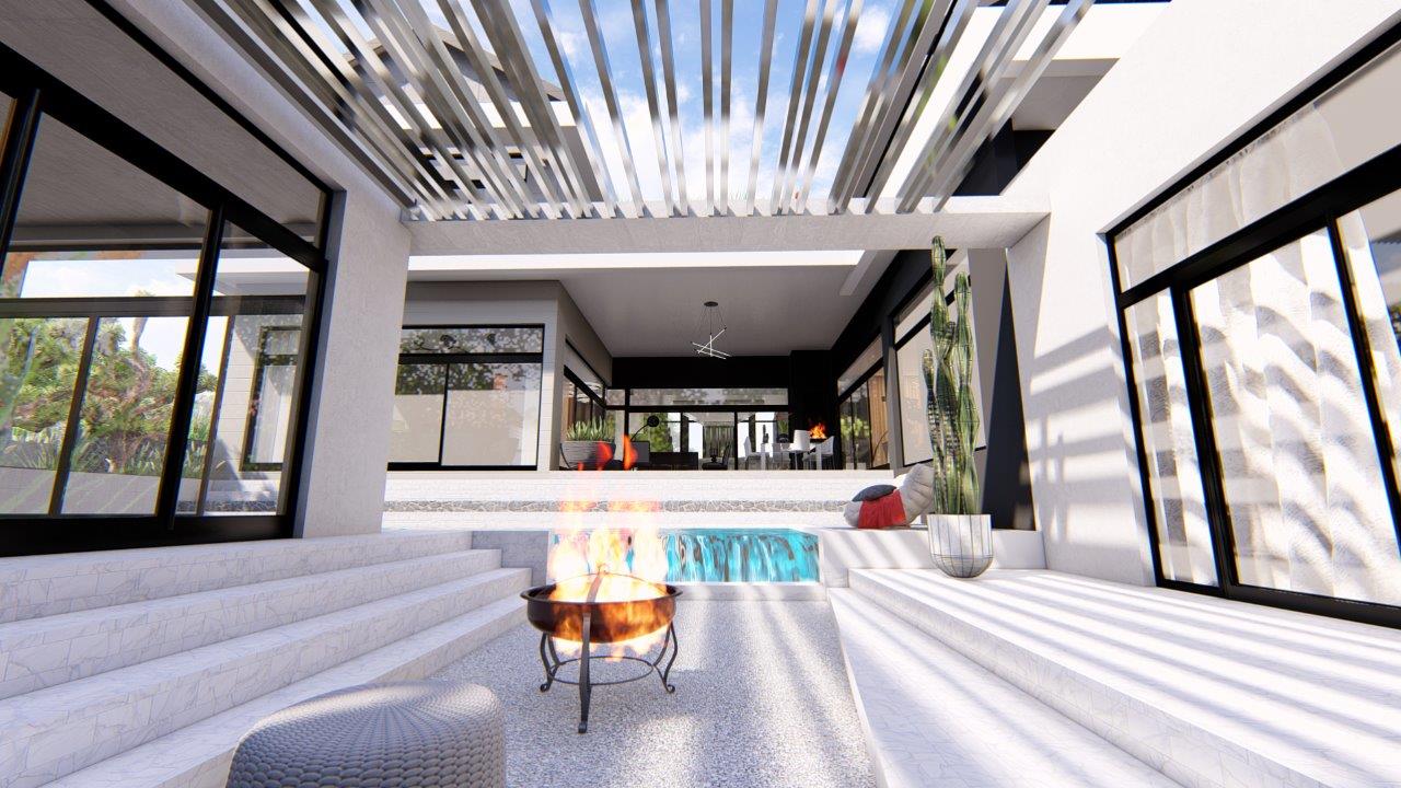 Render of an outdoor entertainment area with a fire pit and plunge pool