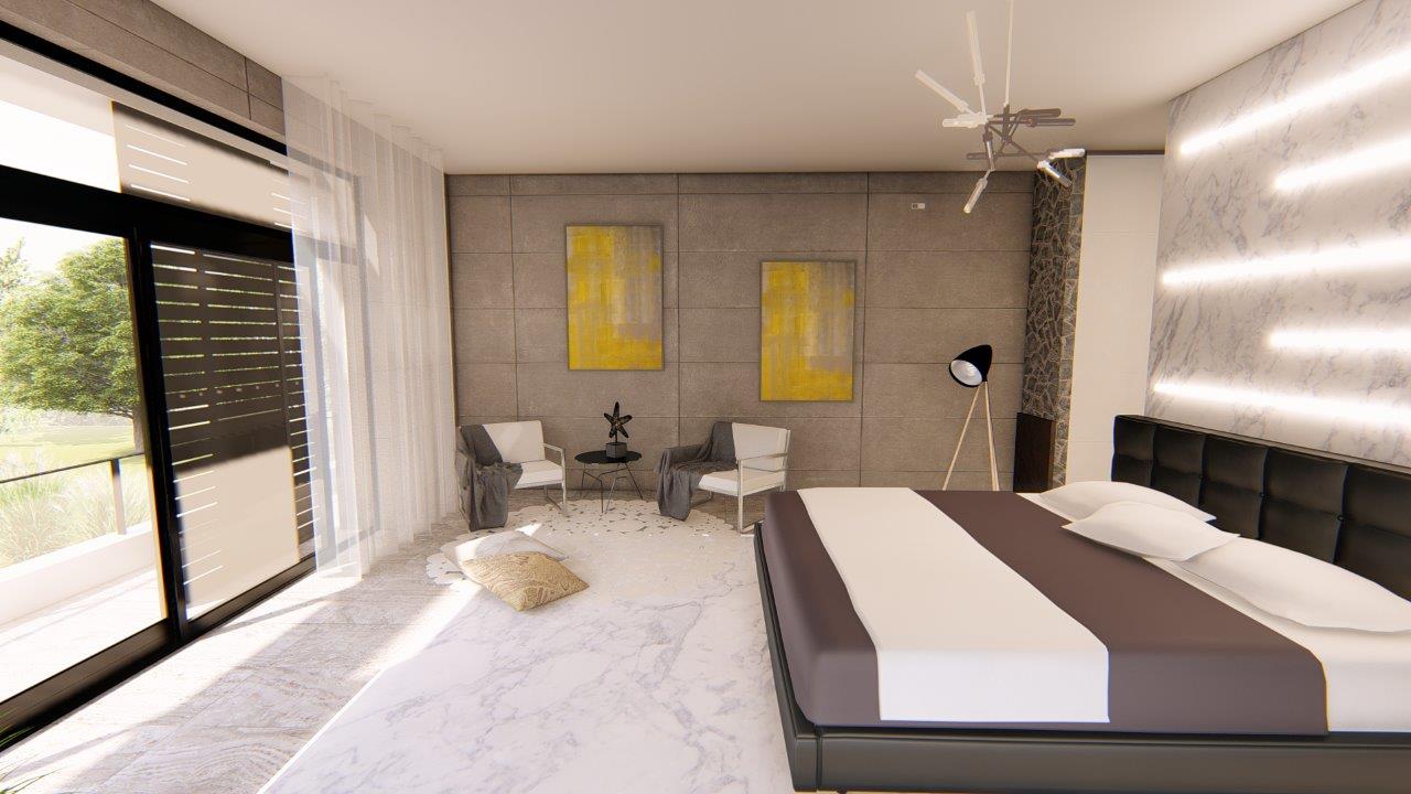 Render of a master bedroom with a marble feature wall and freestanding artwork