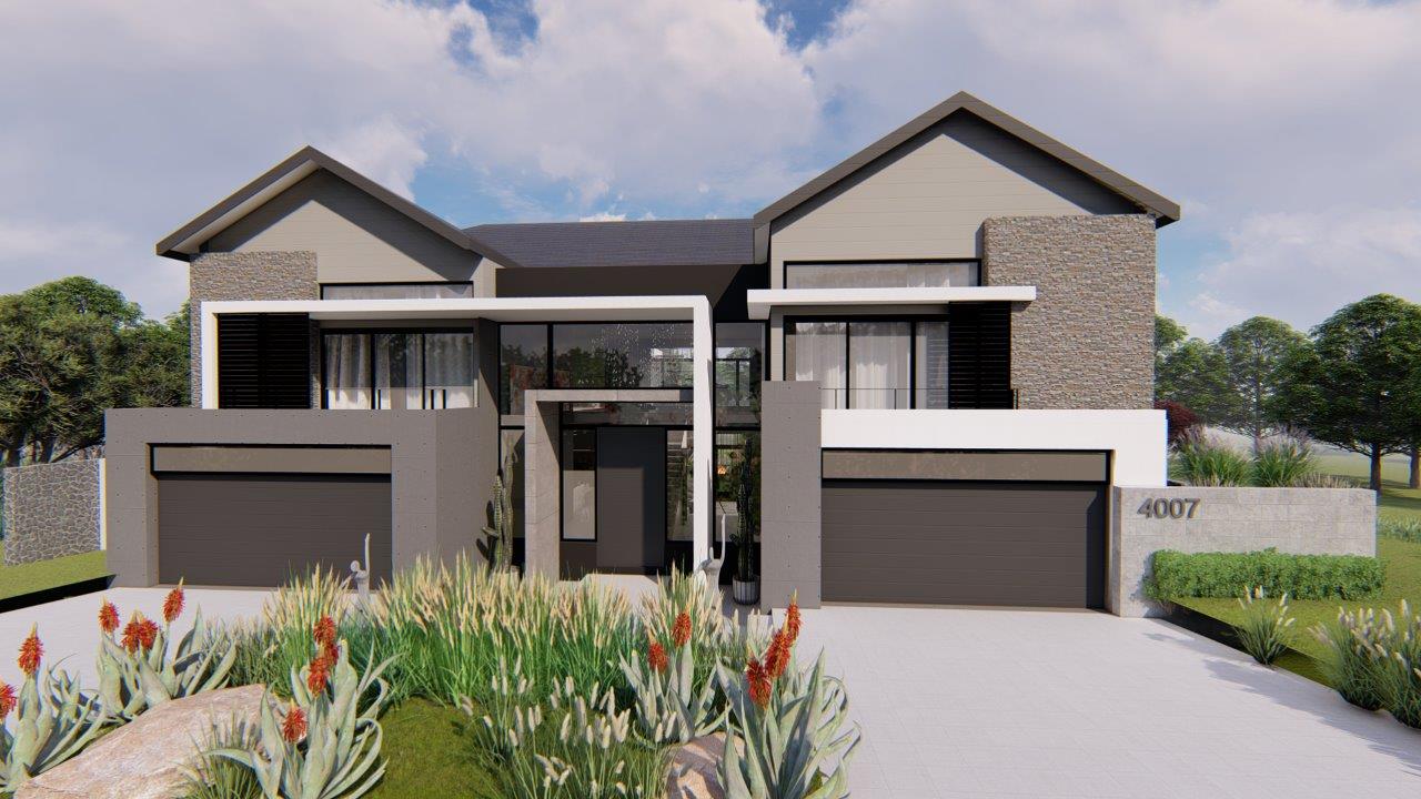 Render of a contemporary double-storey home facade with dual garages