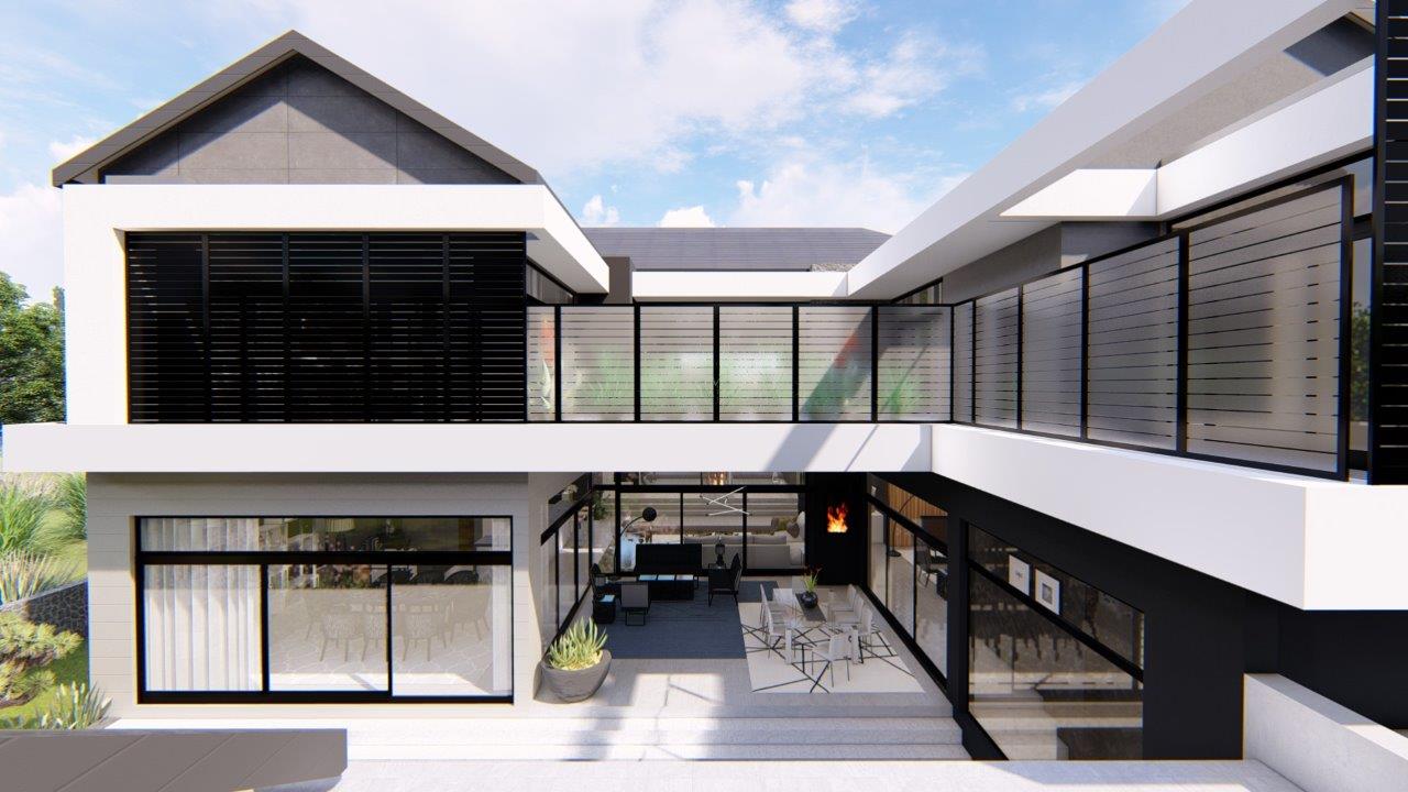 Render of a modern home exterior with a covered balcony and dining courtyard