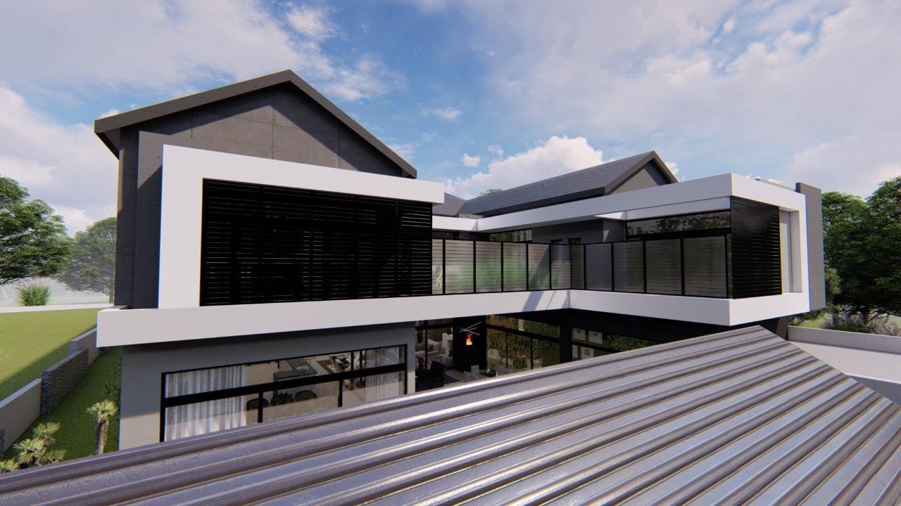 Exterior render of a modern double-storey home with a rooftop terrace