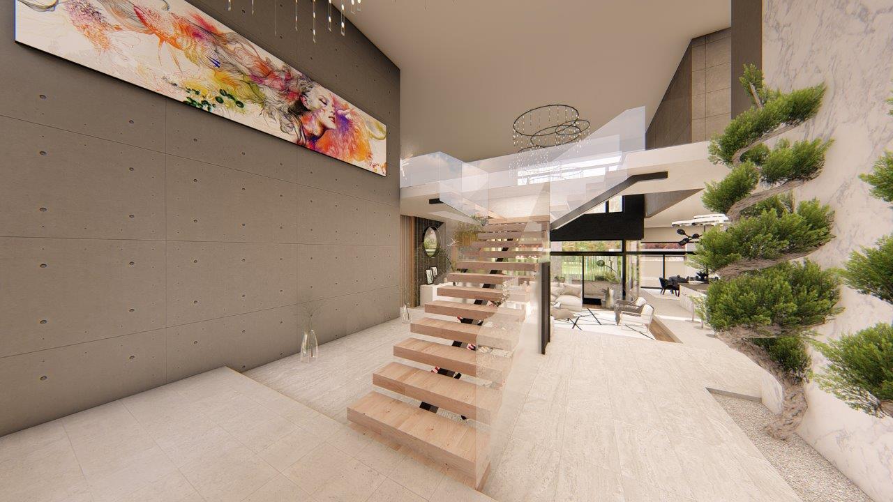 Render of an entrance hall with floating staircase and statement artwork