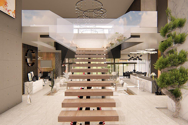 Interior render of a luxury home staircase and open-plan living area