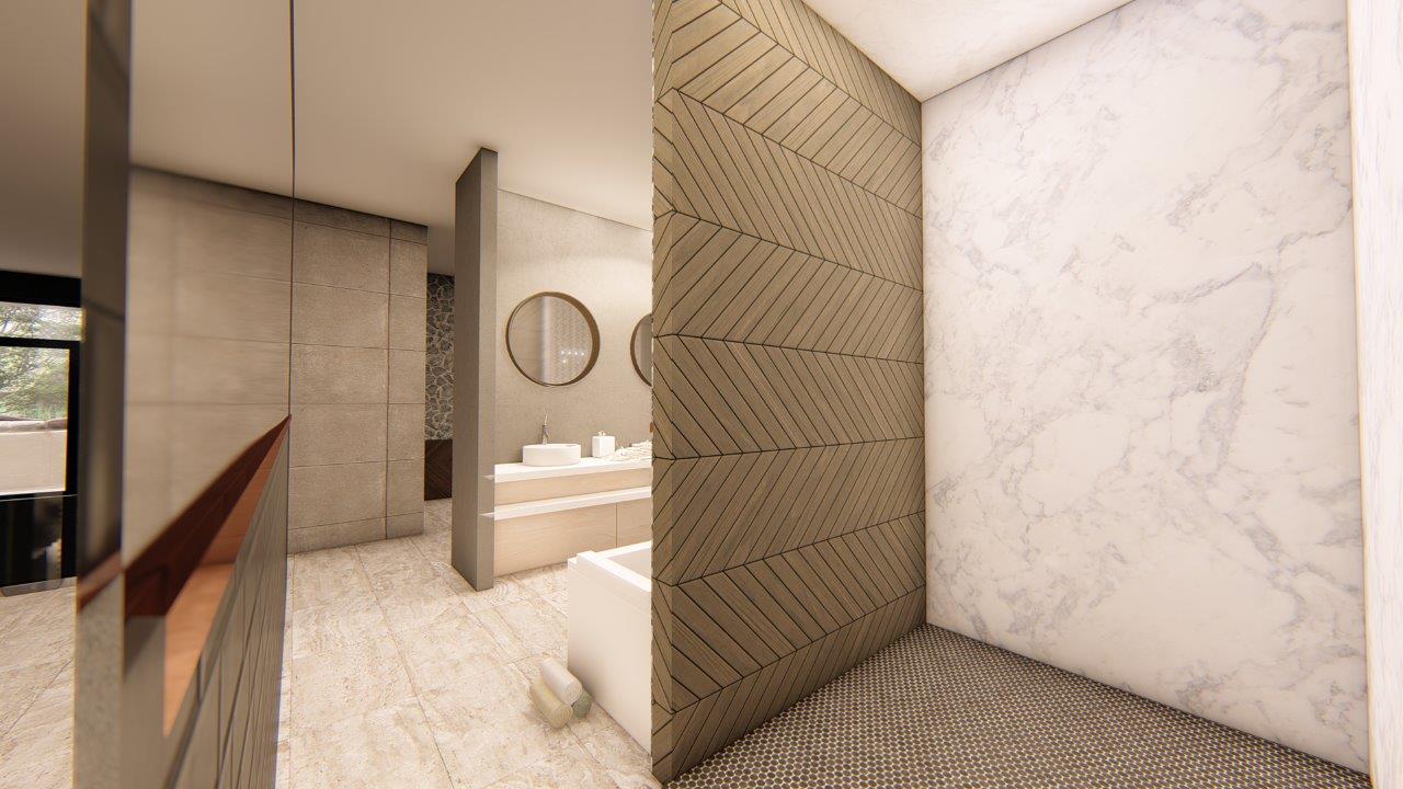 Render of a luxury en-suite bathroom with marble and timber-panel finishes