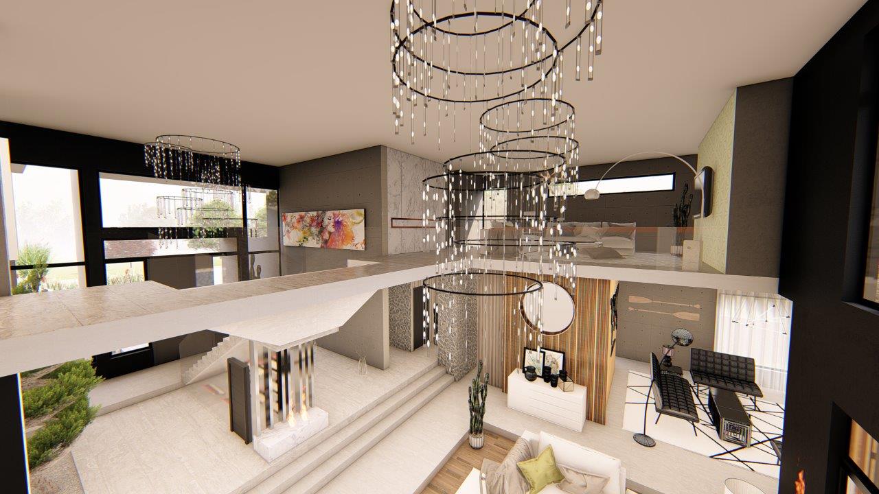 Render of a double-volume living area with a sculptural hanging chandelier