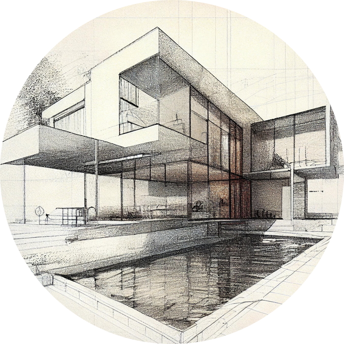 Architectural concept sketch of a luxury home with pool